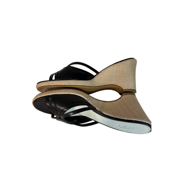 Ann Taylor Loft Leather Black Strappy Wedge Sandals Open Toe Womens 8 Woven Heel - Picture 6 of 12